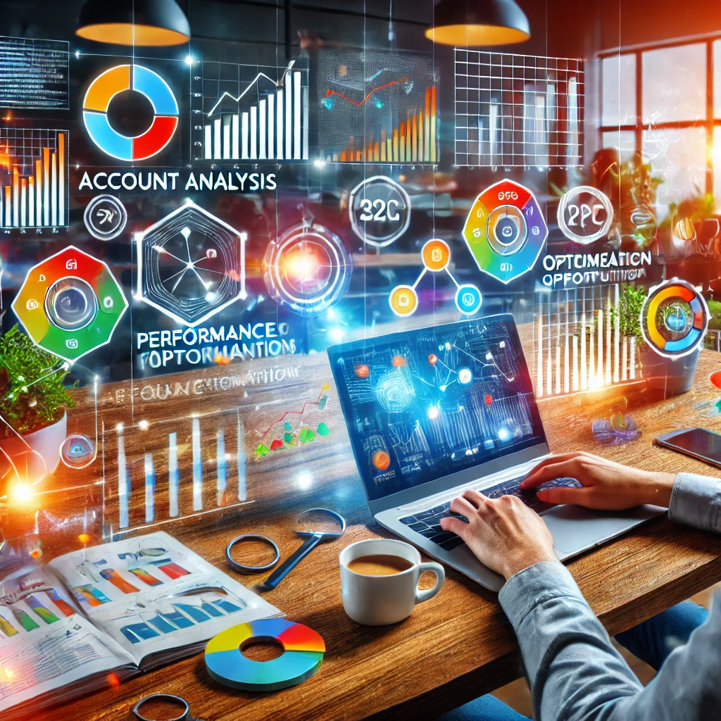 DALL·E 2024 08 08 12.49.06 A vibrant and engaging image showcasing various aspects of a PPC audit such as account analysis performance metrics and optimisation opportunities