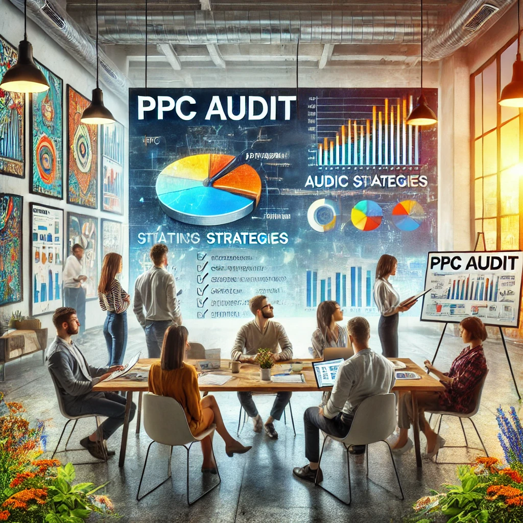 DALL·E 2024 08 08 12.49.14 A visually striking image of a PPC audit strategy session with a team of digital marketing experts. The scene includes a large screen displaying PPC a