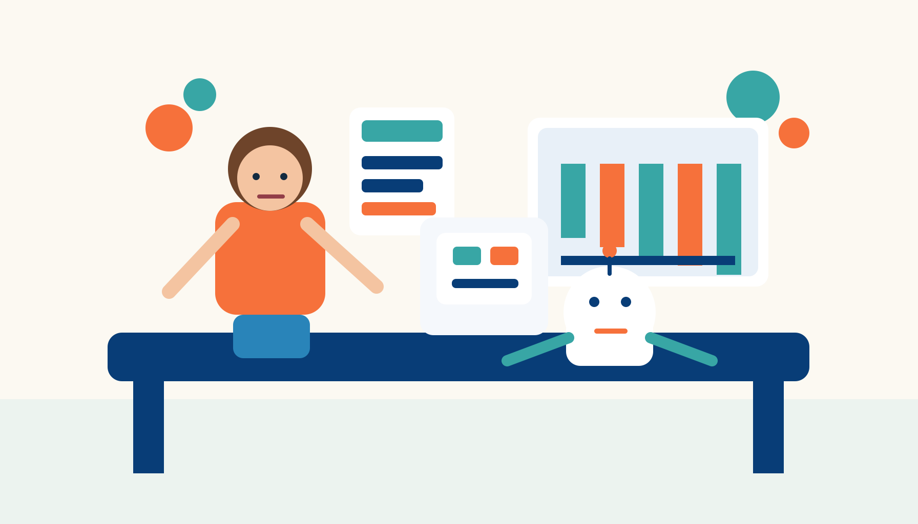 Small business owner and friendly robot organising AI marketing automation on a clean dashboard