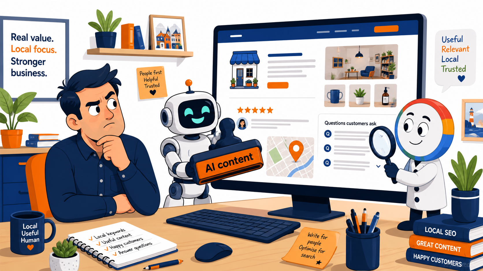 Cartoon small business owner reviewing AI SEO content with a robot and search inspector