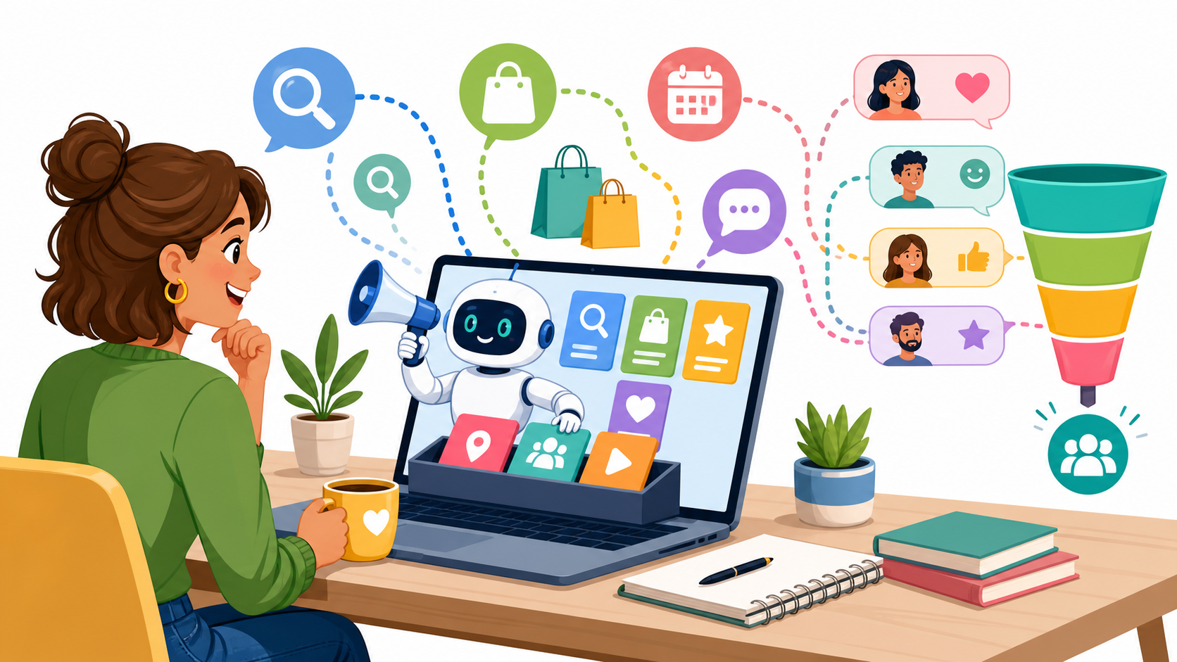 Flat cartoon of a small business owner and friendly robot organising AI ads and CRM leads