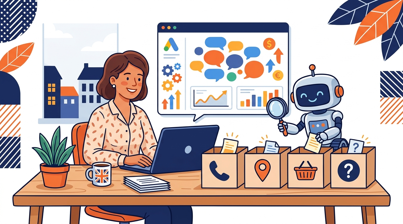 Small business owner and friendly robot reviewing Google Ads AI search intent clues