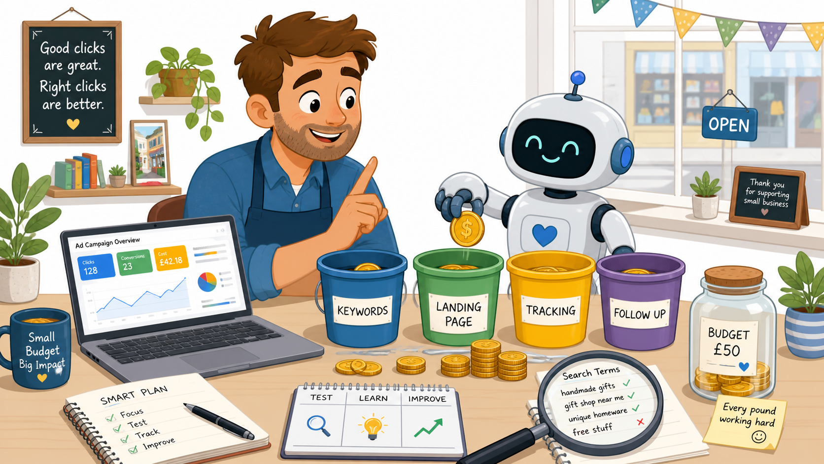 Small business owner and robot carefully sorting Google Ads budget into keywords, landing page, tracking, and follow-up buckets