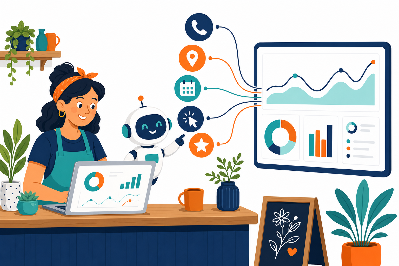 Flat cartoon illustration of a small business owner reviewing Google Business Profile actions in GA4 analytics with a friendly robot assistant.