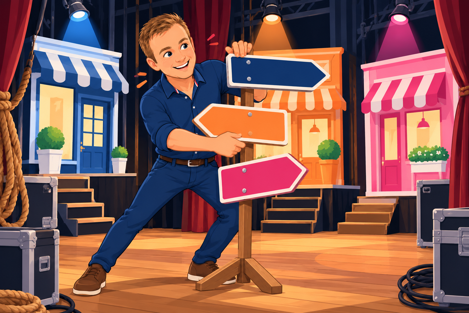 Ben sorts separate local service pages in a colourful shopfront theatre scene