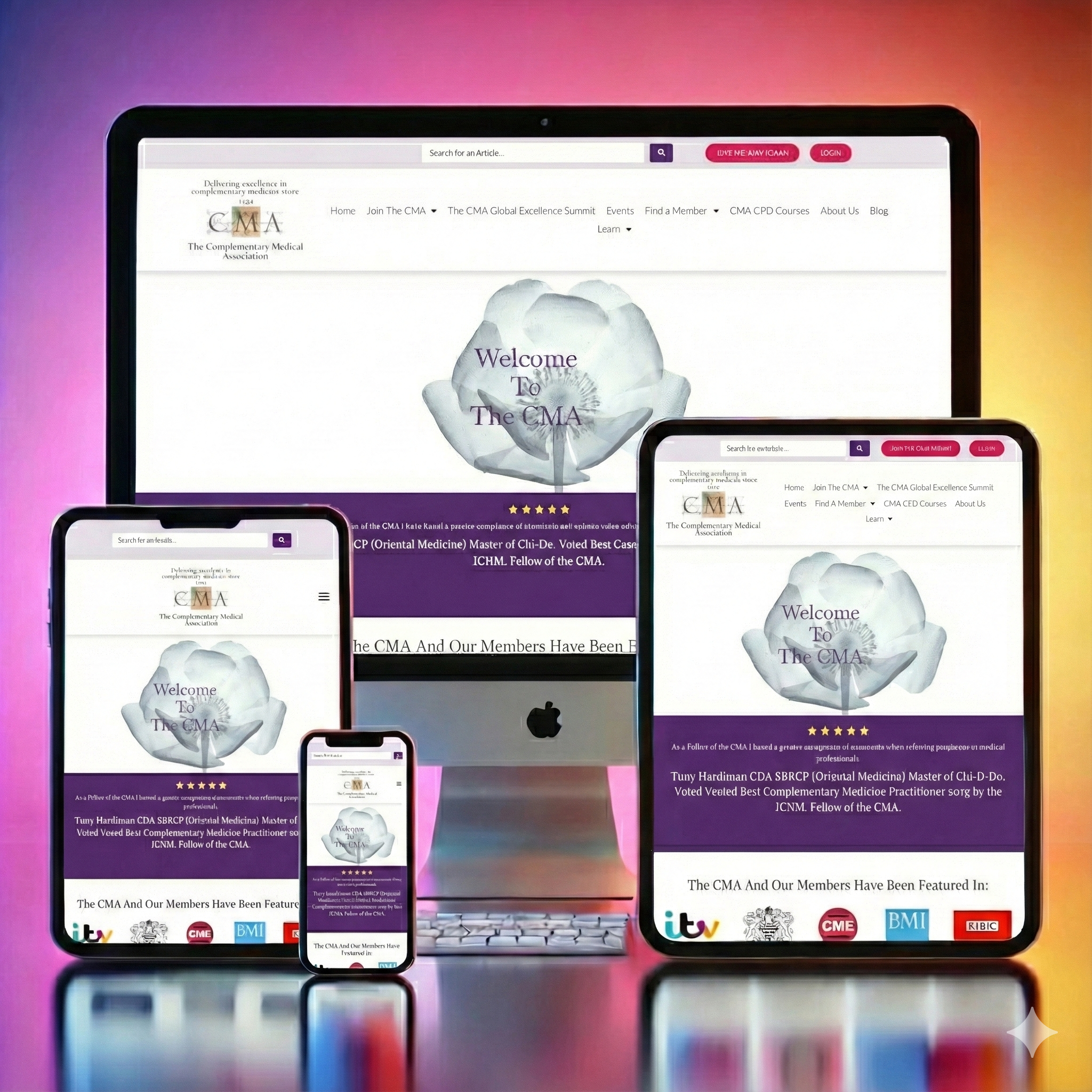 Responsive website design mockup for The Complementary Medical Association (CMA) displayed across desktop, tablet, and mobile devices.