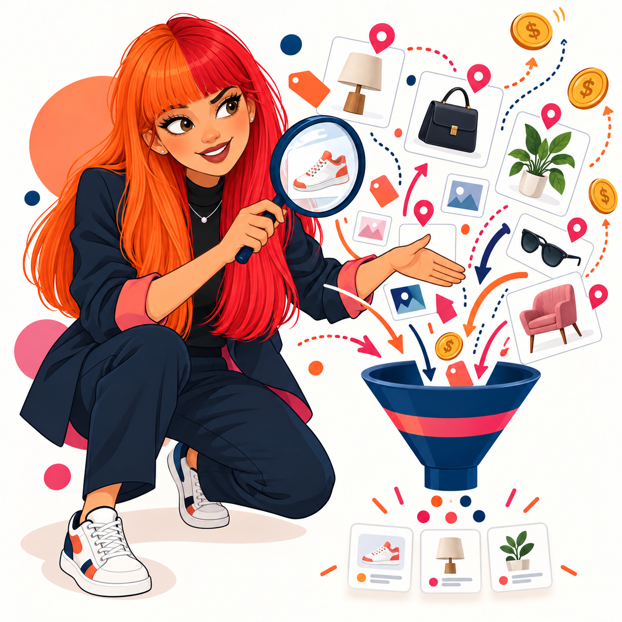 Emily from Precise Impact corralling product search clues with a magnifying glass for a blog about Pinterest visual search ads