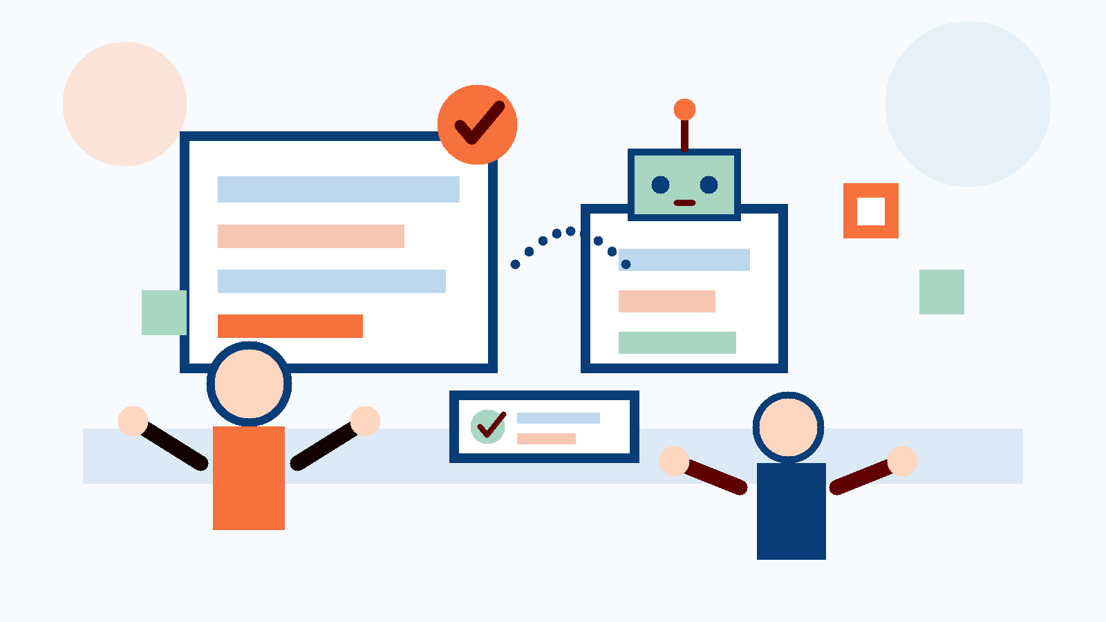 Flat cartoon illustration of a small business owner and friendly robot organising consent-based advertising data