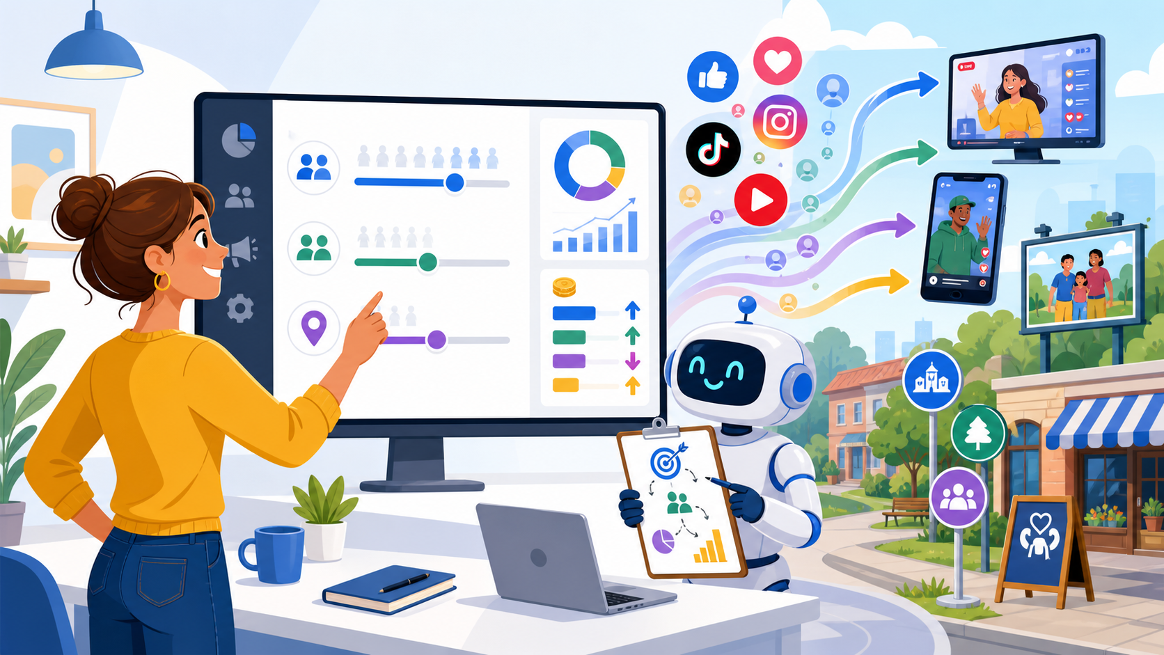Cartoon small business owner and robot planning social media ad budget changes on a colourful marketing dashboard